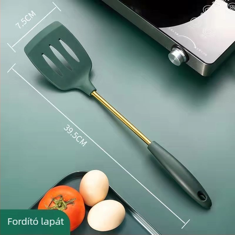 Élelmiszer-minőségű szilikon konyhai eszközök készlet: spatula, kanál és szitás kanál; tapadásmentes, hőálló