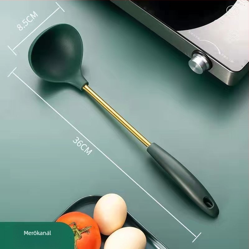 Élelmiszer-minőségű szilikon konyhai eszközök készlet: spatula, kanál és szitás kanál; tapadásmentes, hőálló