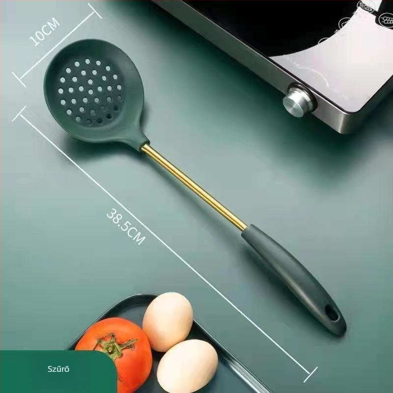 Élelmiszer-minőségű szilikon konyhai eszközök készlet: spatula, kanál és szitás kanál; tapadásmentes, hőálló
