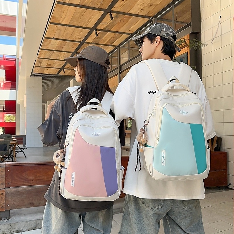 Japán stílusú campus hátizsák, nagy kapacitású 20–35 L, diákoknak, 16 hüvelykes laptophoz, nylon anyag, poliészter bélés, színes blokk design, vállpántok légnemű párnázottak