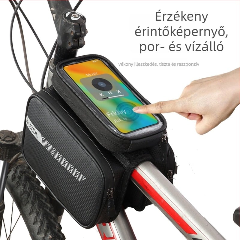 Vízálló MTB első váztáska telefontartóval és tárolóhellyel a felső csövön