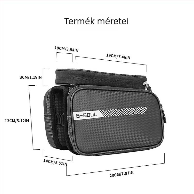 Vízálló MTB első váztáska telefontartóval és tárolóhellyel a felső csövön