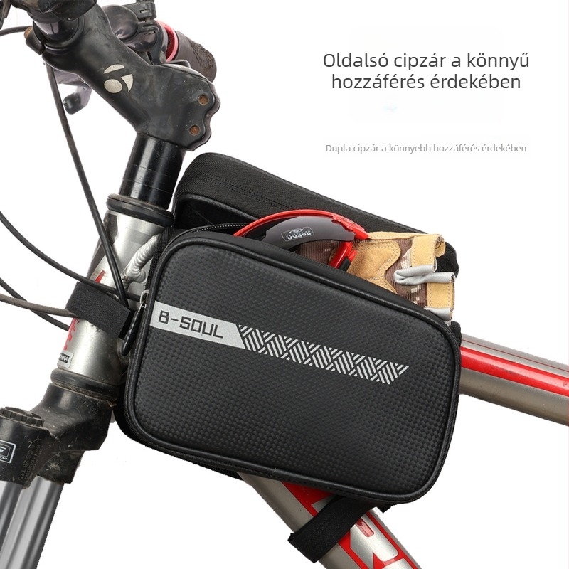 Vízálló MTB első váztáska telefontartóval és tárolóhellyel a felső csövön