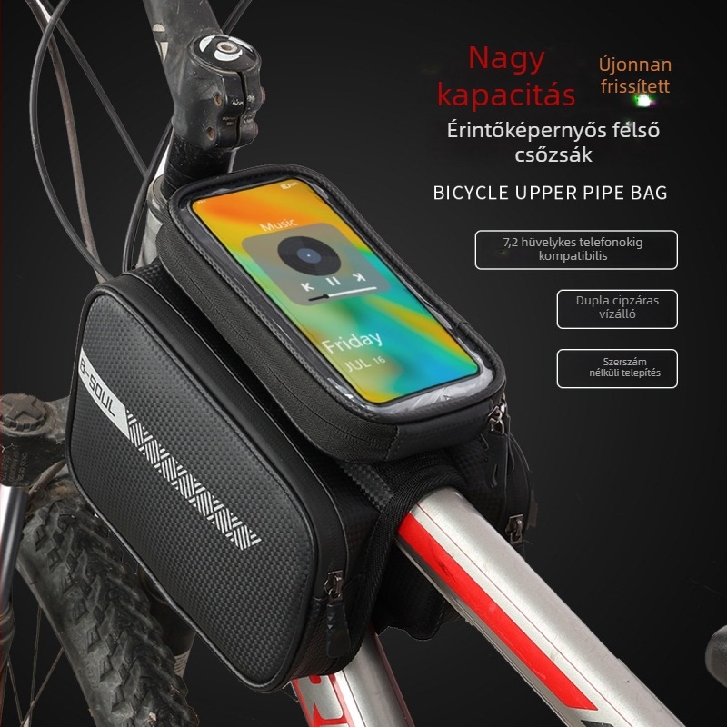 Vízálló MTB első váztáska telefontartóval és tárolóhellyel a felső csövön