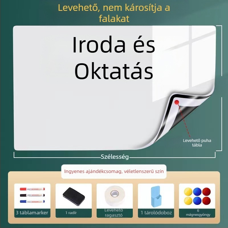 Eltávolítható mágneses fehér tábla falra, 60×90 cm; irodai és otthoni használatra, gyermekek oktatására és rajzolására, nem okoz kárt a falban
