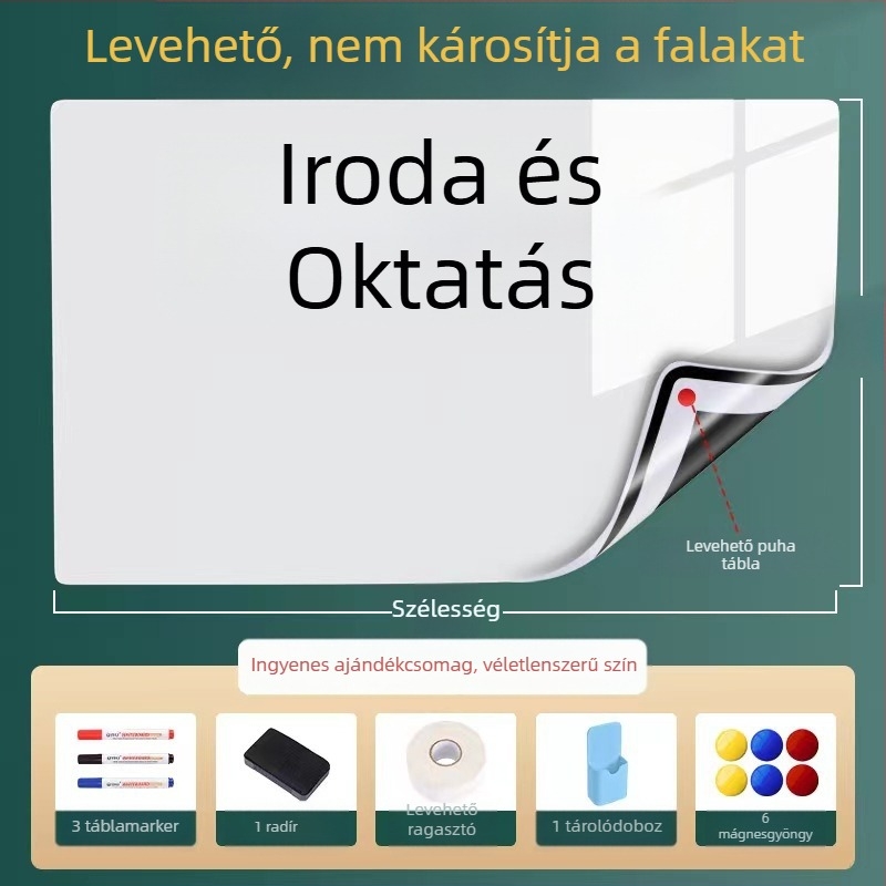 Eltávolítható mágneses fehér tábla falra, 60×90 cm; irodai és otthoni használatra, gyermekek oktatására és rajzolására, nem okoz kárt a falban