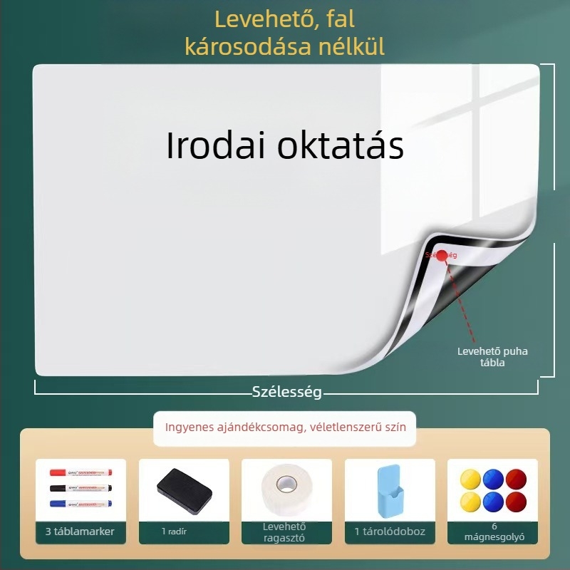 Eltávolítható mágneses fehér tábla falra, 60×90 cm; irodai és otthoni használatra, gyermekek oktatására és rajzolására, nem okoz kárt a falban