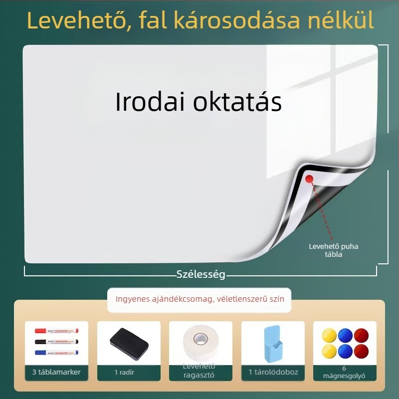 Eltávolítható mágneses fehér tábla falra, 60×90 cm; irodai és otthoni használatra, gyermekek oktatására és rajzolására, nem okoz kárt a falban