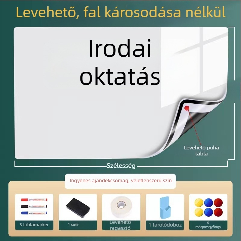 Eltávolítható mágneses fehér tábla falra, 60×90 cm; irodai és otthoni használatra, gyermekek oktatására és rajzolására, nem okoz kárt a falban