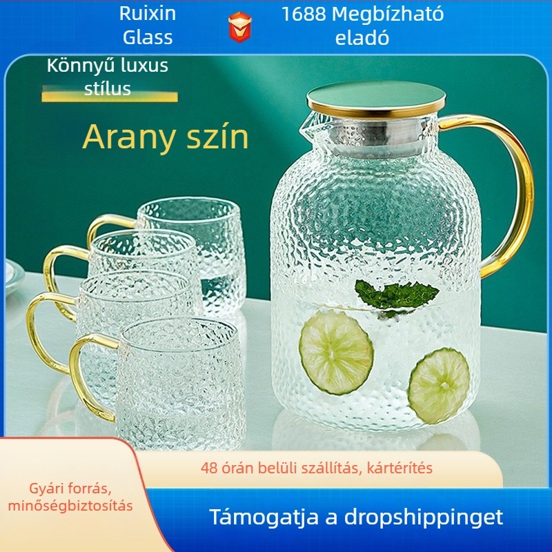 Üveg hidegvíz kancsó, nagy kapacitású, kalapált textúra, hőálló, gyümölcsléhez vagy vízhez, készlet
