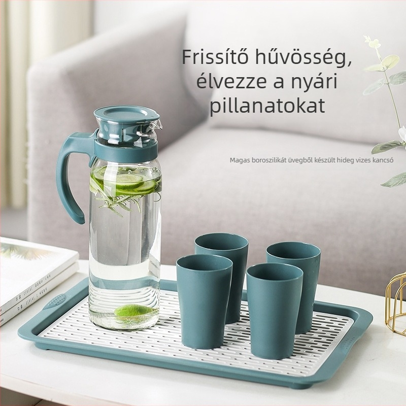 Stílusos üvegpohár-készlettel ellátott hidegvíz-palack, otthoni használatra, hőálló, ideális gyümölcslevekhez és illatos teához