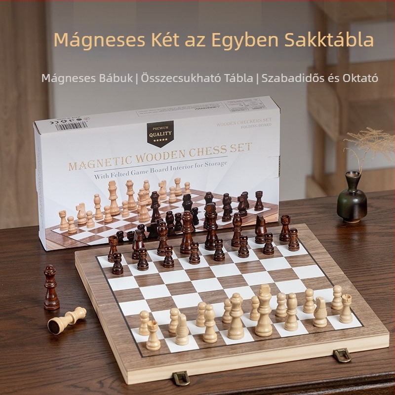 Fából készült 2 az 1-ben összecsukható sakk készlet kerek sarkokkal, mágneses bábuikkal, oktató játék