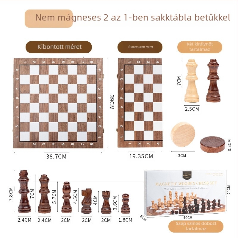 Fából készült 2 az 1-ben összecsukható sakk készlet kerek sarkokkal, mágneses bábuikkal, oktató játék