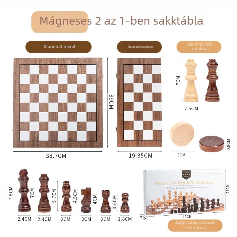 Fából készült 2 az 1-ben összecsukható sakk készlet kerek sarkokkal, mágneses bábuikkal, oktató játék