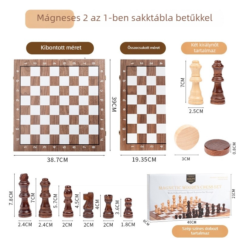 Fából készült 2 az 1-ben összecsukható sakk készlet kerek sarkokkal, mágneses bábuikkal, oktató játék