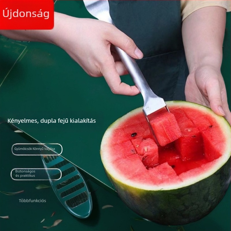 Kétfunkciós dinnyevágó kés és gyümölcsvilla, rozsdamentes acél – eszköz a kockára vágáshoz