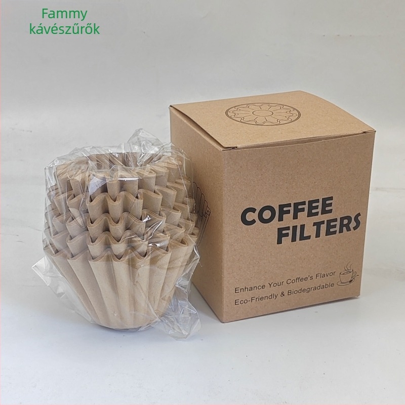 Pour-over kávéfilter papír, tál alakú filter, origami stílusú filteres kupa, hullámzó virágos mintával, fa cellulóz papír, természetes szín, méret 155×45 mm