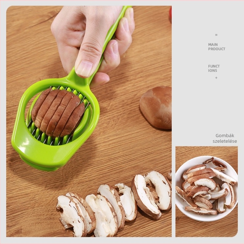 Vörös dát szeletelő és magtalanító készülék tojás szeparátorral, shiitake gomba és eper