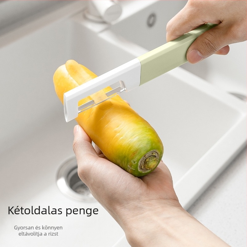 Gyümölcs- és zöldséghámozó műanyag fogantyúval és rozsdamentes acél pengével
