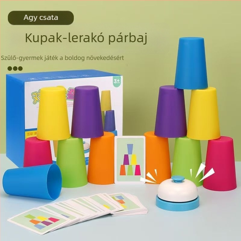 Szülő–gyermek interaktív pohártorony-puzzle logikai gondolkodás fejlesztésére — oktatási asztali játék gyerekeknek