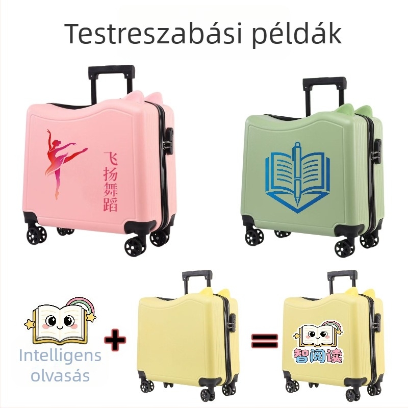Rajzfilm-stílusú gyerekeknek való bőrönd logónyomtatással, 360° forgó kerekek, jelszavas zár, utazó bőrönd