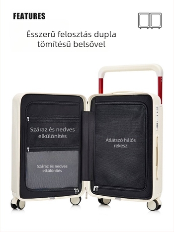 20 hüvelykes kézipoggyász széles fogantyúval, csendes forgó kerekekkel és jelszavas zárral