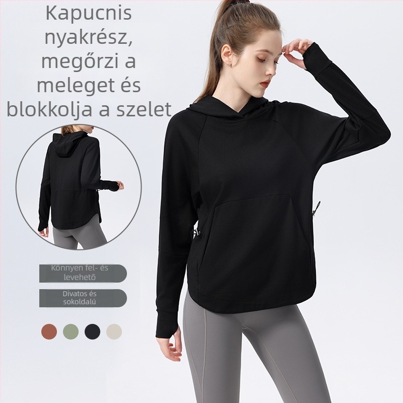 Női hosszú kapucnis sportpulóver jóga és fitneszhez, laza szabású, hosszú ujjú felső, futó dzseki