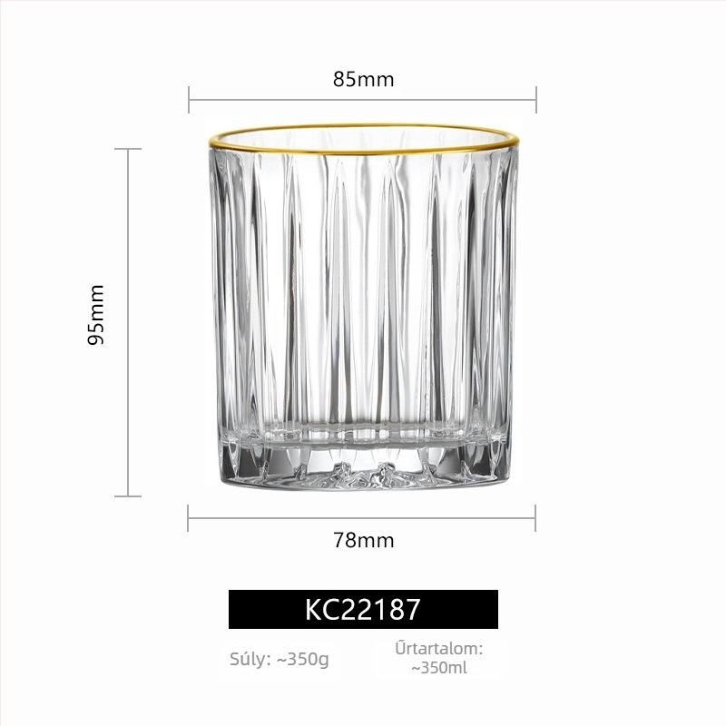 Ólommentes kristály pohár szett, könnyű luxus aranyszélű és függőleges csíkos, nagy méret — whiskey pohár, vörösboros pohár, sörös pohár és víz pohár