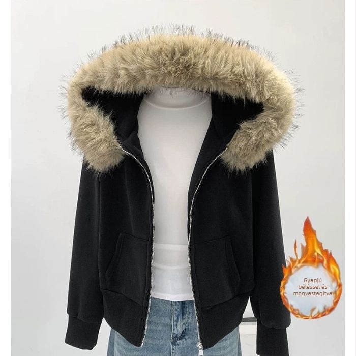 Női kapucnis pulóver vastag fleece-béléssel, amerikai retro stílusú, laza szabású, sokoldalú, sportos megjelenés, meleg felső