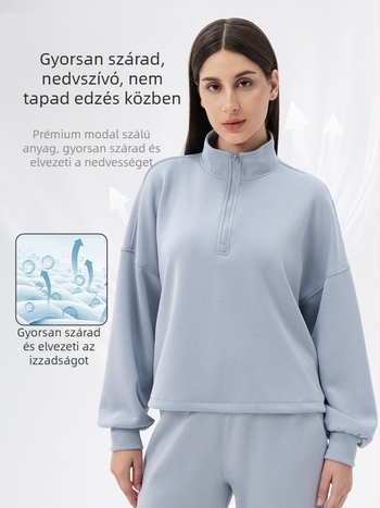 Női őszi-téli modal anyagú jóga pulóver, laza szabású, álló gallér, futáshoz és edzéshez