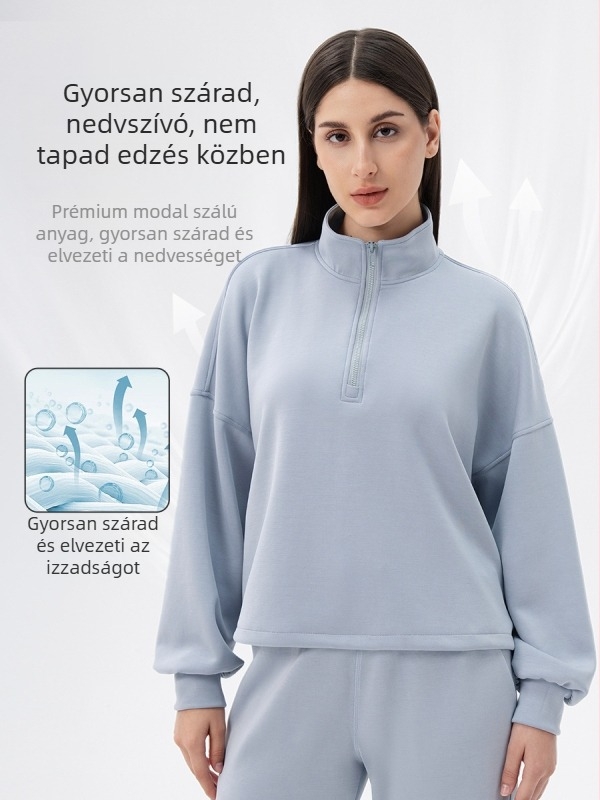 Női őszi-téli modal anyagú jóga pulóver, laza szabású, álló gallér, futáshoz és edzéshez