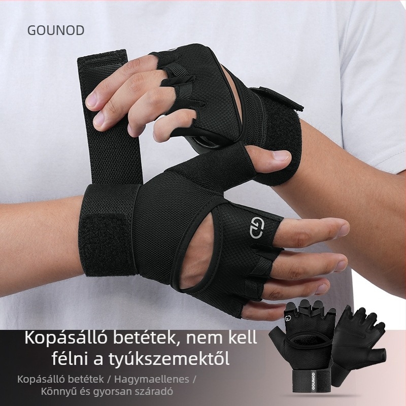 Gounod fitnesz félujjas kesztyű, csúszásmentes és kopásálló, sportpántokkal, csuklóvédővel és tenyérvédővel erőnléti edzéshez