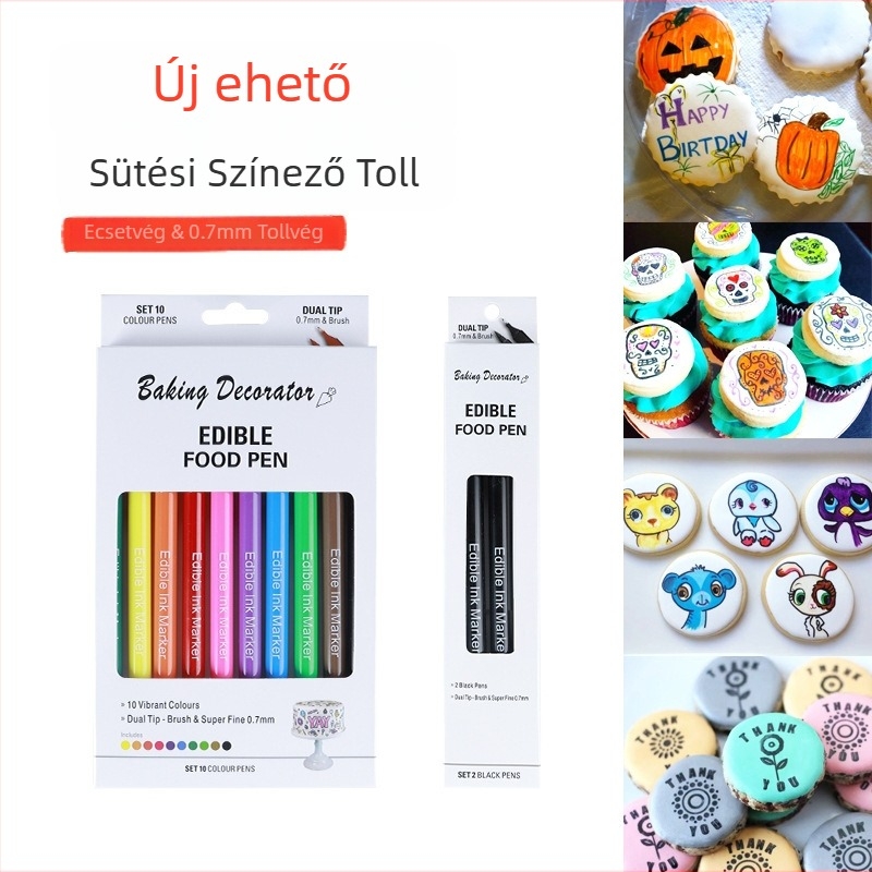 Kétfejű ehető pigment toll, 0,7 mm-es heggyel és ecsettel vékony vonalakhoz, torták díszítésére
