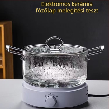 Magas hőállóságú boroszilikát üvegből készült edény, két fogantyúval, gáztűzhelyen használható, nagy kapacitású leves- és tejfőző fazék