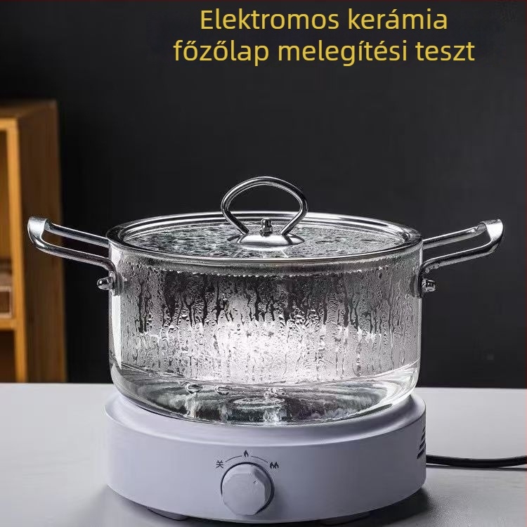 Magas hőállóságú boroszilikát üvegből készült edény, két fogantyúval, gáztűzhelyen használható, nagy kapacitású leves- és tejfőző fazék