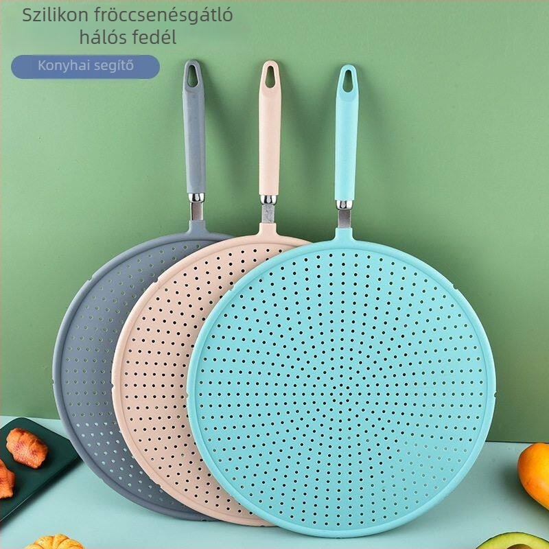 Szilikon olajfröccsenés elleni védő, kör alakú hálós fedéllel és fogantyúval a konyhához