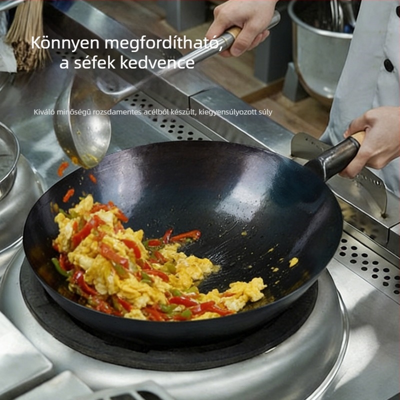 Tiszta vasból készült wok, bevonat nélküli, kék felülettel, kereskedelmi konyhai wok, kerek aljzattal