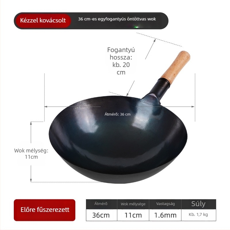 Tiszta vasból készült wok, bevonat nélküli, kék felülettel, kereskedelmi konyhai wok, kerek aljzattal