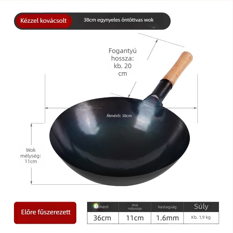 Tiszta vasból készült wok, bevonat nélküli, kék felülettel, kereskedelmi konyhai wok, kerek aljzattal