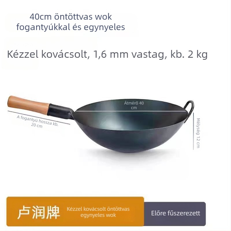 Tiszta vasból készült wok, bevonat nélküli, kék felülettel, kereskedelmi konyhai wok, kerek aljzattal