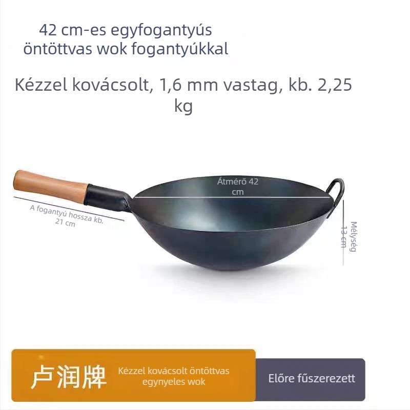 Tiszta vasból készült wok, bevonat nélküli, kék felülettel, kereskedelmi konyhai wok, kerek aljzattal