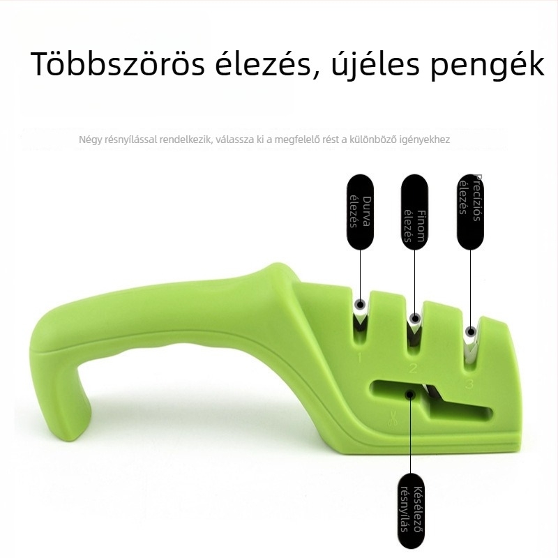 Négyrészes, többfunkciós élező a háztartás számára, kerámia- és wolfram acélcsatornákkal, kés és olló élezésére.