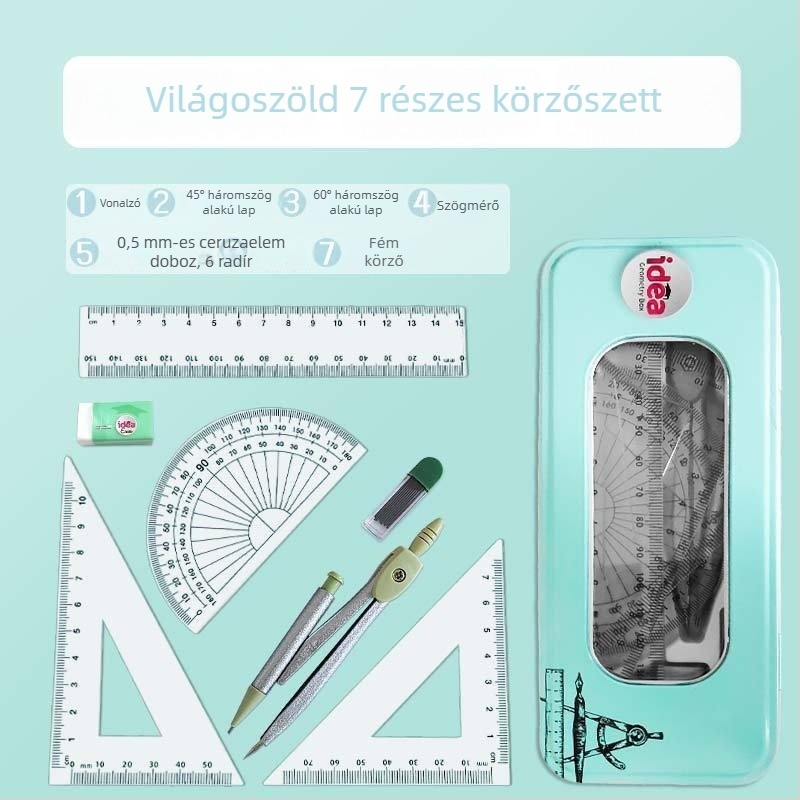 Fém dobozos körző és vonalzó készlet diákoknak