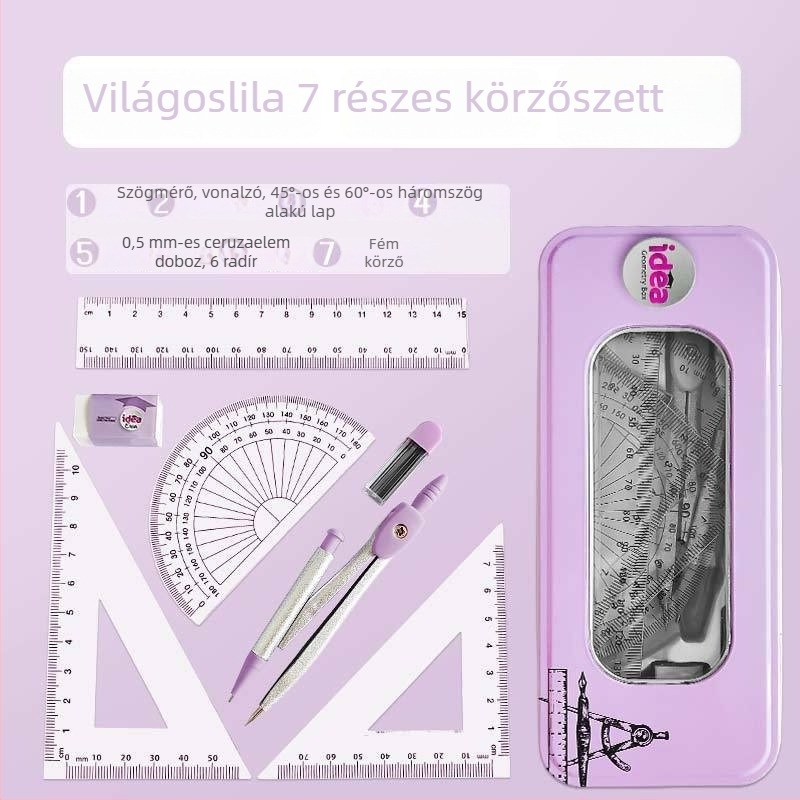 Fém dobozos körző és vonalzó készlet diákoknak