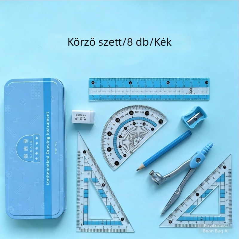 Fém dobozos körző és vonalzó készlet diákoknak
