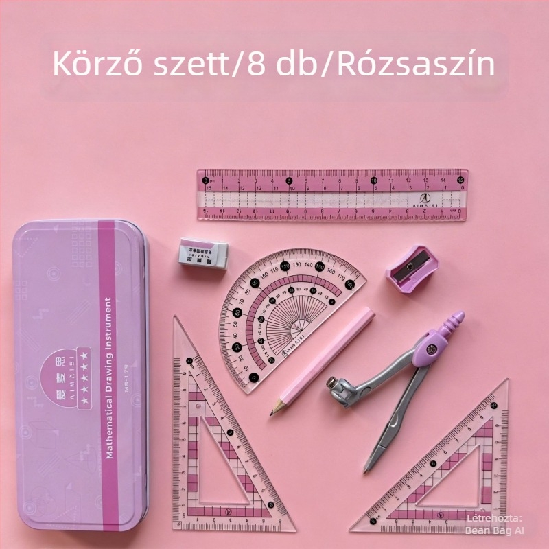 Fém dobozos körző és vonalzó készlet diákoknak