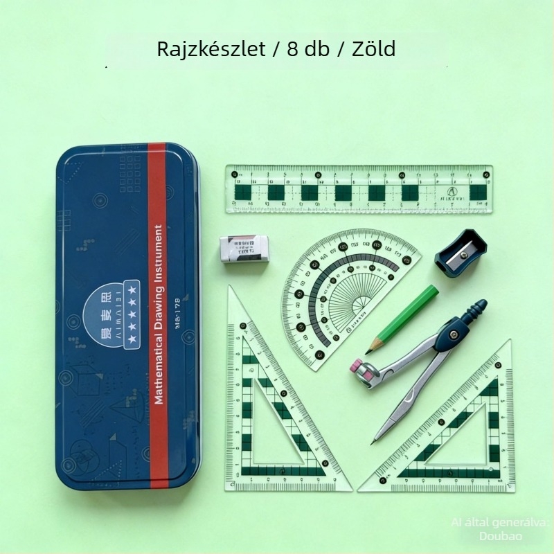 Fém dobozos körző és vonalzó készlet diákoknak