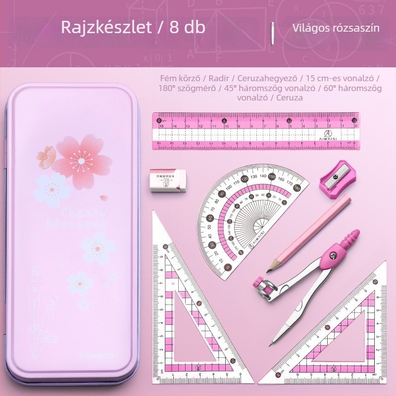 Fém dobozos körző és vonalzó készlet diákoknak