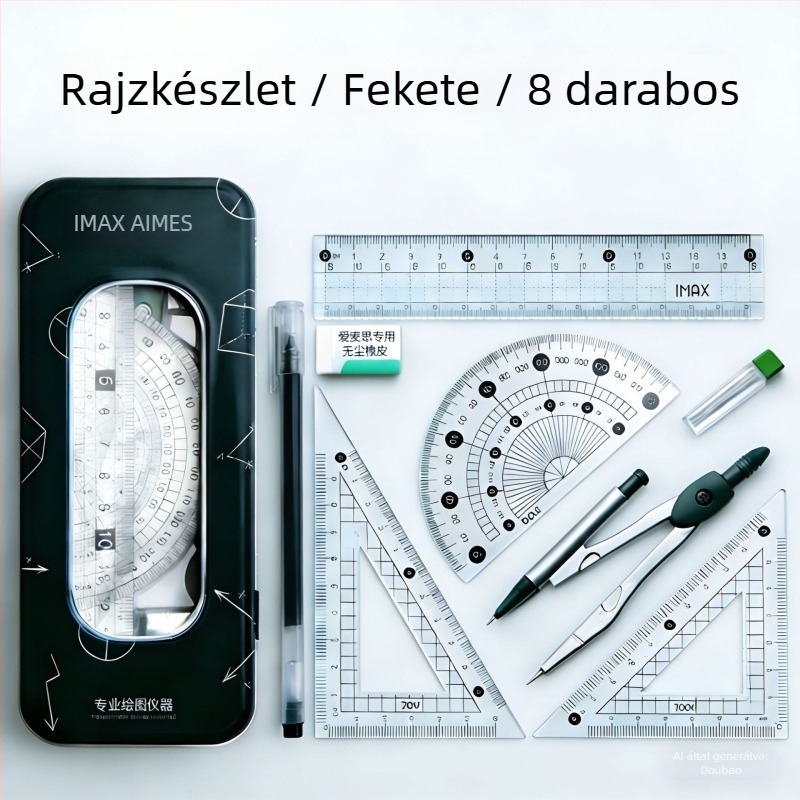 Fém dobozos körző és vonalzó készlet diákoknak