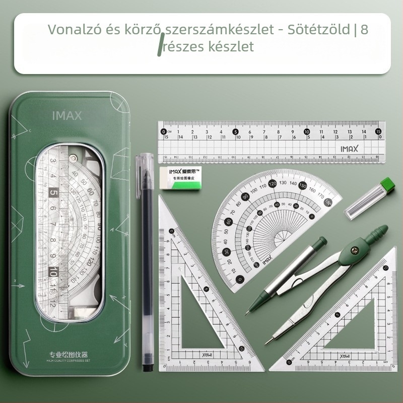 Fém dobozos körző és vonalzó készlet diákoknak